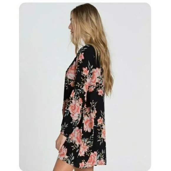 BILLABONG Just Like Us Black Floral lace up long sleeve    Mini Dress size S - Picture 4 of 13